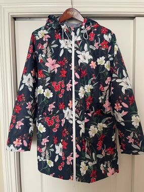 Floral Hooded Utility Jacket - Navy with Pink & White Flowers